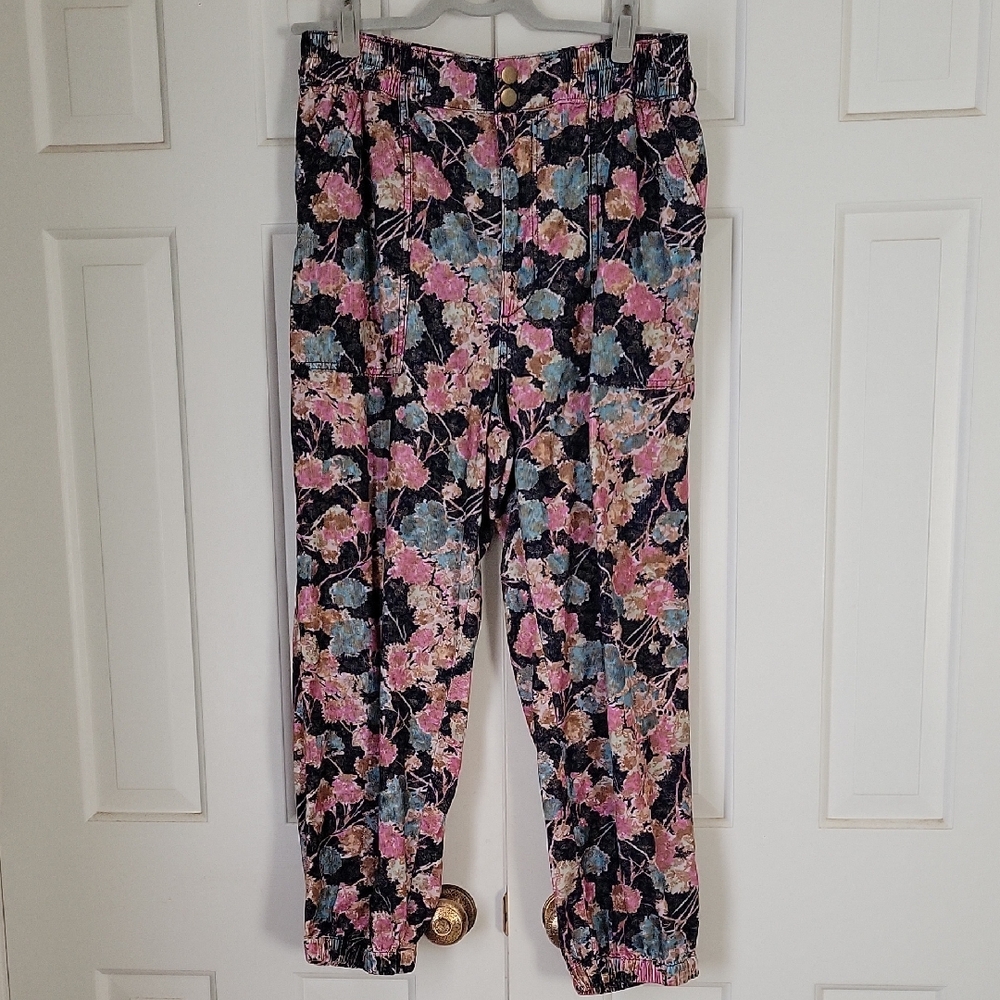 Anthropologie Anisa Womens High Waist Corduroy Jogger Pants Dark Floral Sz L